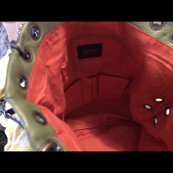 Hobo leather bag, green, tote, brass accents - Picture 6 of 8